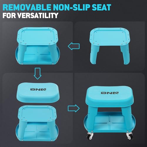 Removable Rolling Garage Stool with Seat Cushion & Tool Tray Plate (Blue)