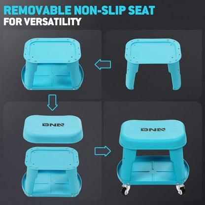 Removable Rolling Garage Stool with Seat Cushion & Tool Tray Plate (Blue)