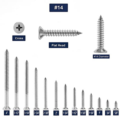 14 x 3-1/4" Wood Screw 100Pcs 18-8 (304) Stainless Steel Screws Flat Head Phillips Fast Self Tapping Drywall Screws by SG TZH (#14 x 3-1/4")