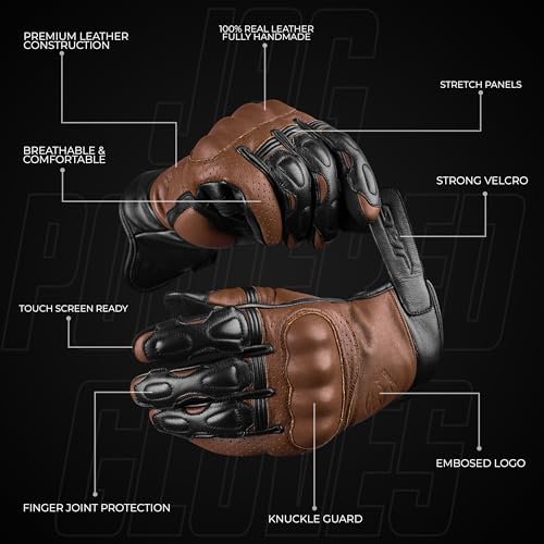 Leather Motorcycle Motorbike Knuckle Protection Powersports Gloves (Black/Brown / Medium)