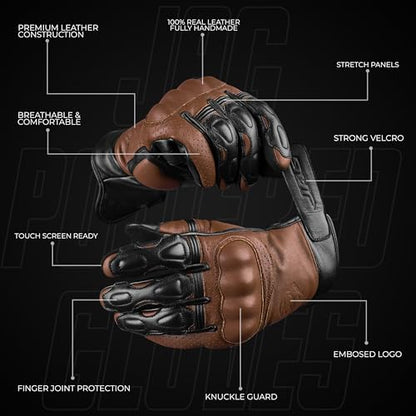 Leather Motorcycle Motorbike Knuckle Protection Powersports Gloves (Black/Brown / Medium)