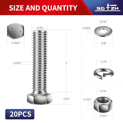 5/16-18 x 2" Hex Head Screw Bolt, Nuts, Flat & Lock Washers, 20Pcs 18-8 (304) Stainless Steel, Fully Threaded, by SG TZH (5/16-18 x 2" / Silver)