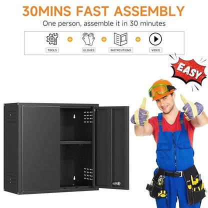Metal Garage Wall Cabinet with 2 Doors and 1 Adjustable Shelf (26"h Black)