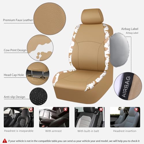 Cow Print Faux Leather Car Seat Covers & Cow Car Mats & Cow Steering Wheel Cover Seat Belt Pads Universal fit for SUV (Cow Print Beige)