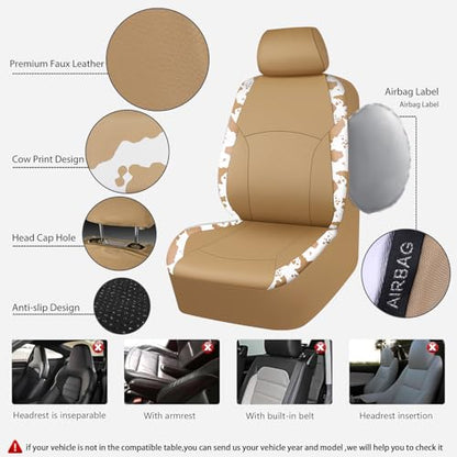 Cow Print Faux Leather Car Seat Covers & Cow Car Mats & Cow Steering Wheel Cover Seat Belt Pads Universal fit for SUV (Cow Print Beige)