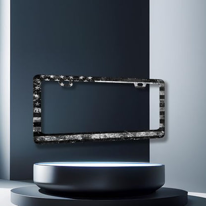 Stainless Steel Vintage Black Grey American License Plate Frame 12.2 x 6.2 (Black Grey American Retro Flag)