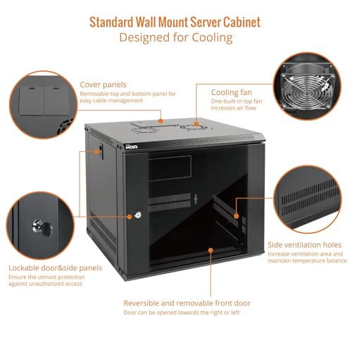 9U Wall Mount Server Cabinet IT Network Rack Enclosure Lockable Door and Side Panels Black (9U/Glass Door / Black)