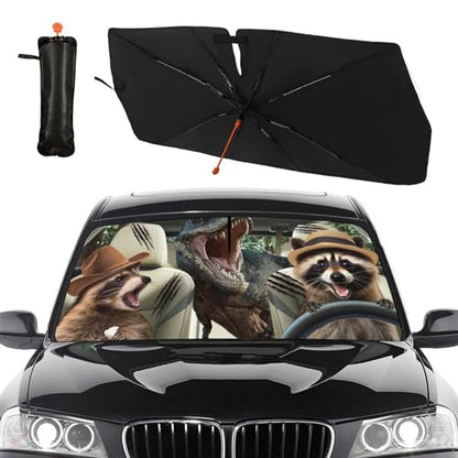 Funny Dinosaur Car Sunshade Umbrella for Windshield Foldable Raccoon Driving Car Sun Shade Cover with Bendable Handle Block UV Rays Sun Visor Protector Keep Vehicle Cool 57"x30" (147*75cm,33*11cm / Dinosaur Raccoon)