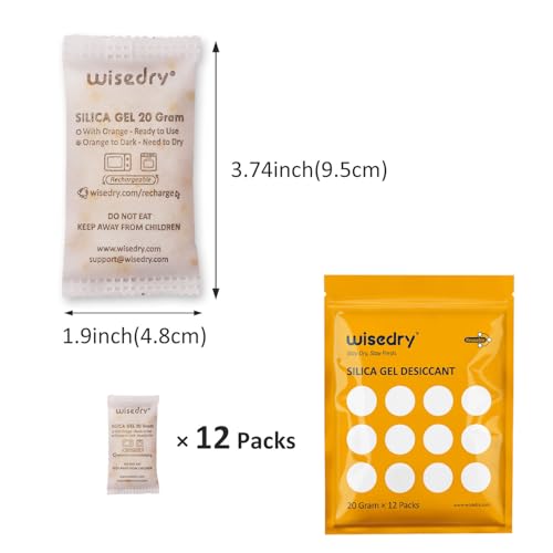 20 Gram [12 Packs] Rechargeable Silica Gel Packets Microwave Fast Reactivate in 2MINS Moisture Absorber Desiccant Packs with Orange Indicating Beads Food Grade (20 Grams)