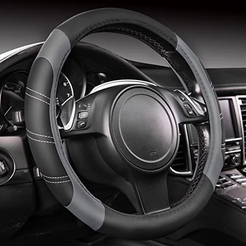 Line Rider Microfiber Leather Sporty Steering Wheel Cover Universal Fits for 95% Truck (Black＆Gray / Standard[14.5"-15"])