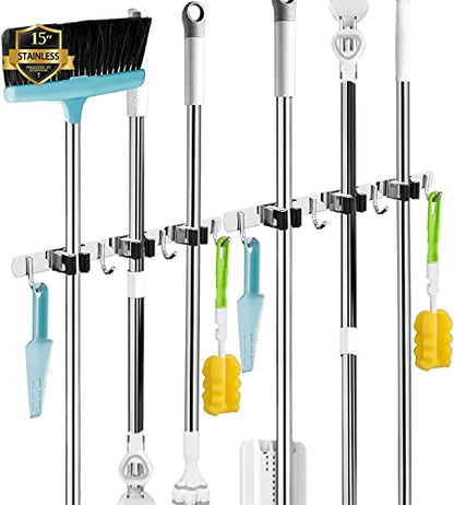 2 Pack Broom Holder Wall Mount (3 Racks & 4 Hooks (Silver) - 2 Pack)