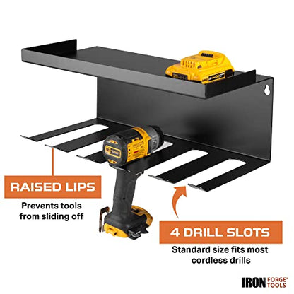 Metal Power Drill Organizer for Garage (5 Drill Slots / Rack & Shelf)
