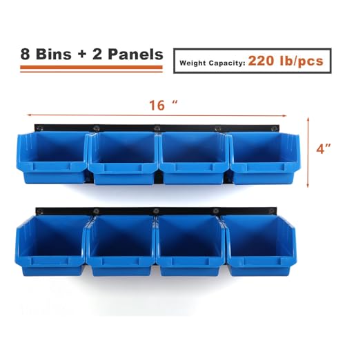 8 Bin Wall Mounted Plastic Storage Bins Hanging Organizer Bins (Blue / 8Bins+2Rails)