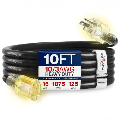 10ft Outdoor Indoor Extension Cord 10 (10 FT / 10AWG / Black)