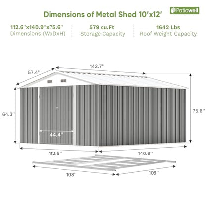 10 x 12 FT Metal Storage Shed for Outdoor with Floor Frame (Gray / 10x12 FT)