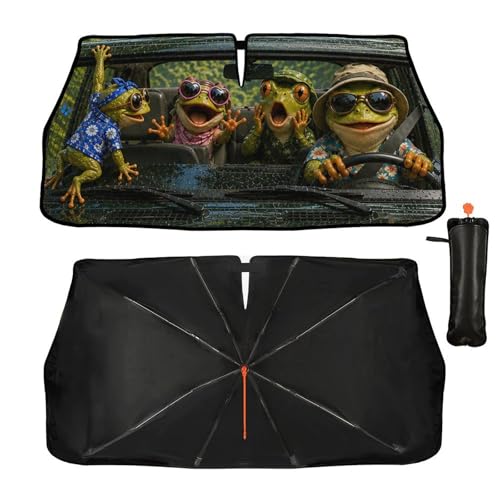 Frog Driving Car Windshield Sun Shade Umbrella Bendable Handle Foldable Funny Frog Driving Sunshade for Car Windshield Block UV Rays Keep Vehicle Cool for Most Sedans SUV Trucks Cars 57"x30" (147*75cm,33*11cm / Funny Frog Driving)