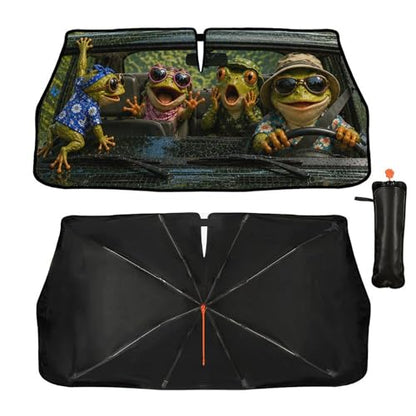 Frog Driving Car Windshield Sun Shade Umbrella Bendable Handle Foldable Funny Frog Driving Sunshade for Car Windshield Block UV Rays Keep Vehicle Cool for Most Sedans SUV Trucks Cars 57"x30" (147*75cm,33*11cm / Funny Frog Driving)