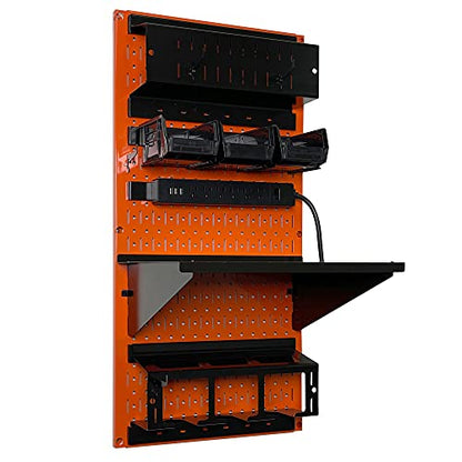 Power Tool Storage Organizer Kit Cordless Drill Holder Charging Station Rack 16” x 32” Metal Pegboard Organization System (Orange Pegboard)