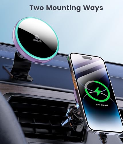 for Magsafe Car Mount Charger 15W LED RGB Car Phone Holder for Dash Vent (Purple)
