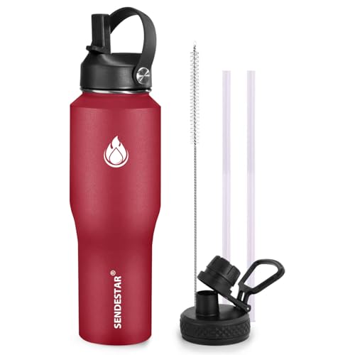 32oz Water Bottle Wide Mouth Stainless Steel Vacuum Insulated Double Wall with Straw Lids Fit in Any Car Cup Holder (Red / 32 Ounces)