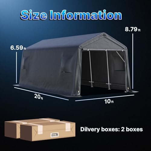 10X20 ft Carport Heavy Duty Outdoor Patio Portable Canopy Storage Shelter Shed with 2 Rolled up Zipper Doors & Vents for Snowmobile Garden Tools (Dark Gray / 10'x20')