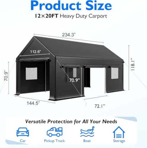 20x12 FT Heavy Duty Carport (12x20 FT(Black))