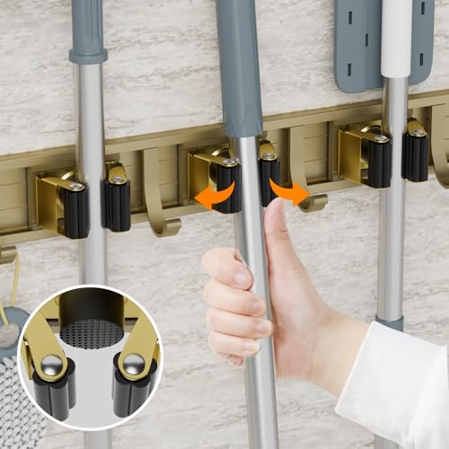 Broom Holder Wall Mount Mop Hanger Tools organizer 5Racks 4Hooks (Bronze)