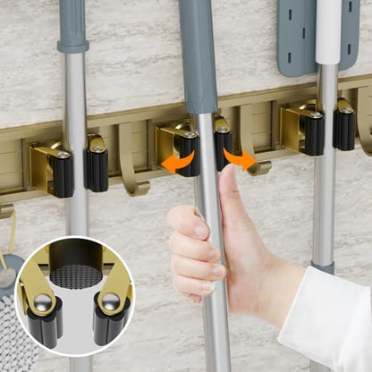 Broom Holder Wall Mount Mop Hanger Tools organizer 5Racks 4Hooks (Bronze)
