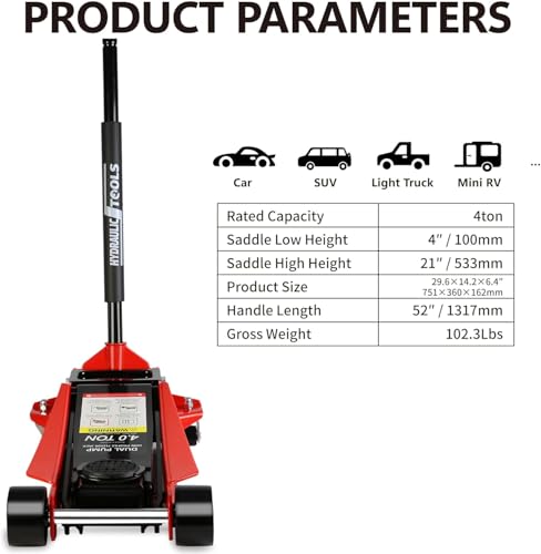 4 Ton Low Profile Floor Jack (Red - 4 Ton(Dual Pump), Lift 4"-21")