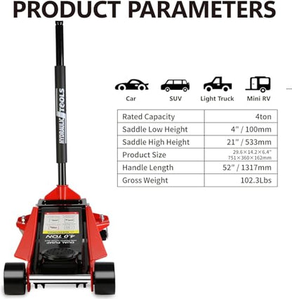 4 Ton Low Profile Floor Jack (Red - 4 Ton(Dual Pump), Lift 4"-21")