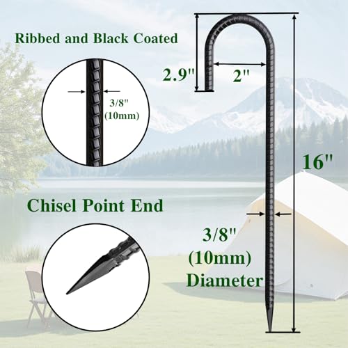 Rebar Stakes 16 Inch 20 Pack J Hook Ground Stakes Heavy Duty Tent Stakes Chain Link Fence Stakes with Chisel Point End Galvanized Steel Ground Anchors Metal Spikes Black Coated (J-16"x3/8"-20pcs)