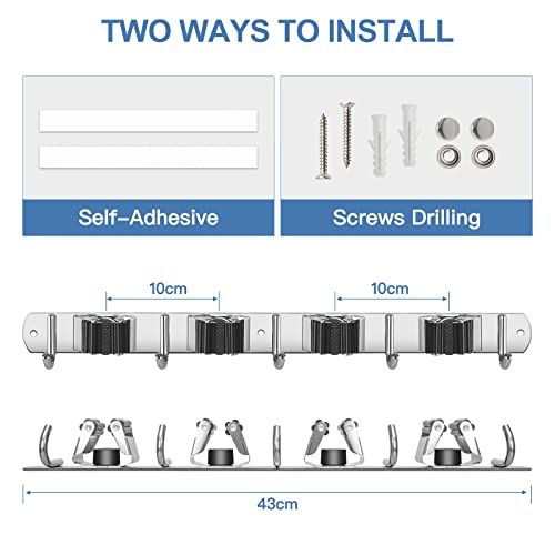 2 Pack Broom Holder Wall Mount Stainless Steel Mop Organizer (Stainless Steel - 4 Racks with 5 Hooks / 2 Pack)