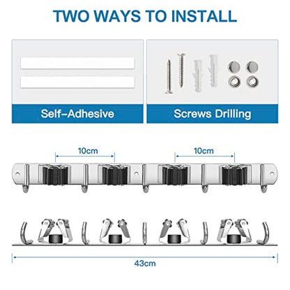 Broom Holder Wall Mount Stainless Steel Mop Organizer (Stainless Steel - 4 Racks with 5 Hooks / 1 Pack)