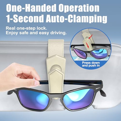 One-Handed-Operation Sunglasses Holder for Car, Visor Sunglass Holder Clip, Car Accessories Interior, Universal Fit Silicone Padded Visor Sunglass Holder Car, Unmatched Durability (2 Pack) (2 Pack / Beige)