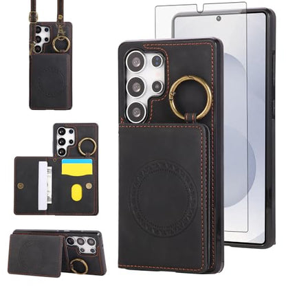 Compatible with Samsung Galaxy S25 Ultra 5G Wallet Case and Screen Protector Crossbody Shoulder Strap Ring Buckle Stand Card Holder Cell Phone Cover for S25Ultra 25S S 25 25Ultra 2025 Women Men Black (Black / for S25 Ultra)