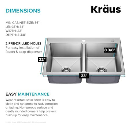 Stainless Steel 33 in Double Bowl Drop In Kitchen Sink KHT632 (33 Inch / Double Bowl — Drop In)