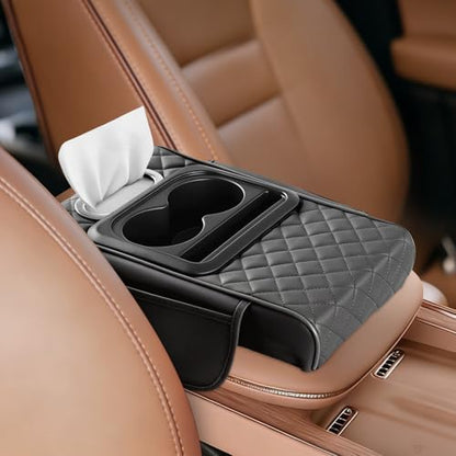 5-in-1 Car Armrest Cushion, Multifunctional PVC Leather Center Console Armrest Pillow Elbow, Universal Arm Box Pad Cover with Cup Holder, Phone Slot, Tissue Box Slot & 2 Storage Bags, Grey (Gray)
