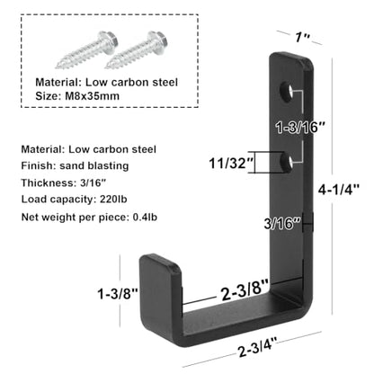 4 Pack 2-3/8" Heavy Duty Steel J Hook, Wall Mount Garage Hanging Bracket (2-3/8 Inch)