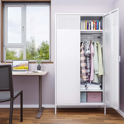 Metal Storage Cabinets Locker with Hanging Rod and Adjustable Shelves (White / 71''H-Wardrobe)