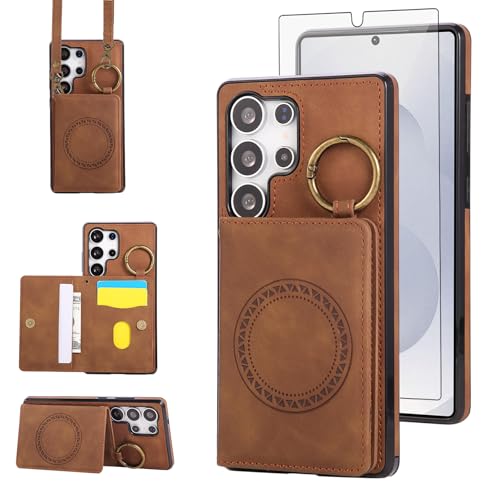 Compatible with Samsung Galaxy S24 Ultra 5G Wallet Case and Screen Protector Crossbody Shoulder Strap Stand Card Holder Magnetic Car Mount Cell Phone Cover for S24Ultra S 24 24Ultra Women Men Brown (Brown / for S24 Ultra)