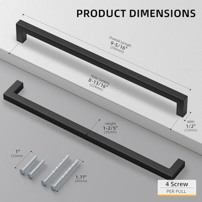 10 Pack 8-4/5 Inch Black Cabinet Handles Kitchen Drawer Pulls (Matte Black / 8-4/5 inch Hole Centers)