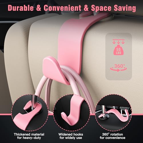 4 Pack Car Headrest Hooks Holds 55lbs Seat Storage Organizer for Bags (Pink)