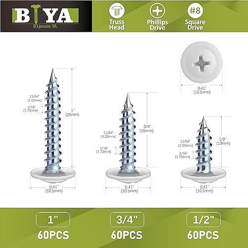 White Wood Screws 180pcs #8 Self Tapping Cabinet 3 Size 1 (White / 180 SCREW COUNT)