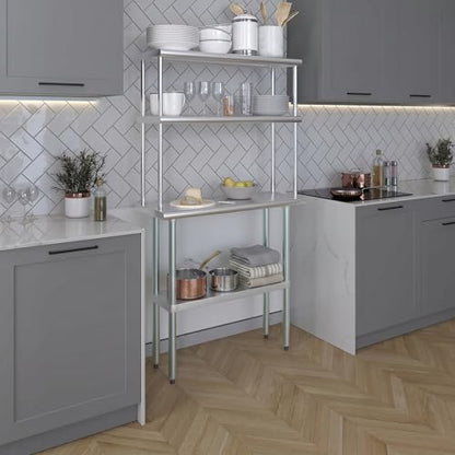 Stainless Steel Work Table Double Tier Overshelf (14" x 36" Work Table + 12" Overshelf)