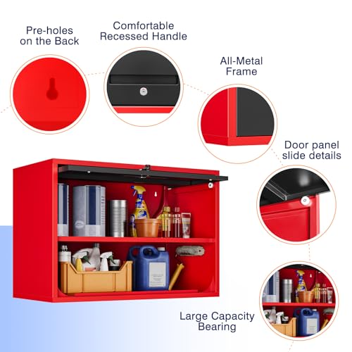 Metal Garage Wall Cabinet with Doors and Shelves (16"D x 32"W x 22"H / Red Black)