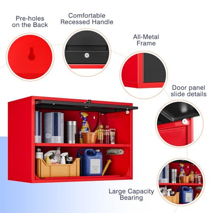 Metal Garage Wall Cabinet with Doors and Shelves (16"D x 32"W x 22"H / Red Black)