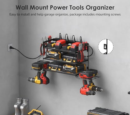 Garage Tools Storage with Charging Station. Power Tool Battery Organizer Utility Shelf with Power Strip. 4 Drills Holder Wall Mount Rack (Small / 3 Layer)