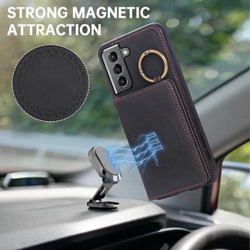 Compatible with Samsung Galaxy S22 5G Wallet Case and Screen Protector Crossbody Shoulder Strap Ring Buckle Stand Card Holder Magnetic Car Mount Phone Cover for S 22 22S 4G G5 6.1 inch Women Men Black (Black / for S22)