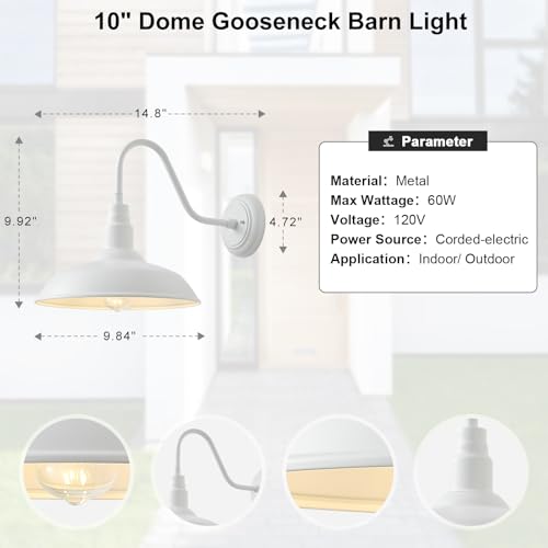 10 Inch Dome Outdoor Gooseneck Barn Lights for Porch (Matte White / 10" Dome)