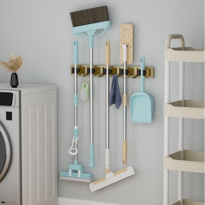 Broom Holder Wall Mount Mop Hanger Tools organizer 5Racks 4Hooks (Bronze)